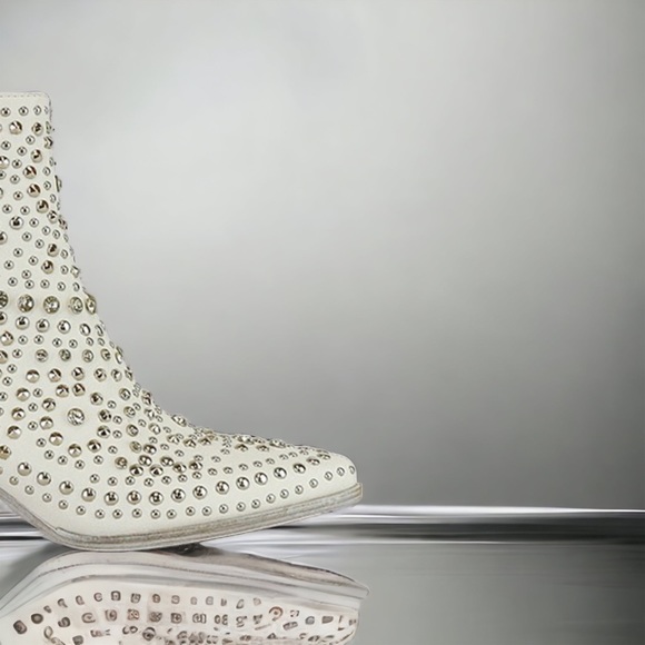 Beast HAZEL White Faux Leather Stud & Rhinestone Embellished Cowboy Booties 6 - Picture 3 of 5